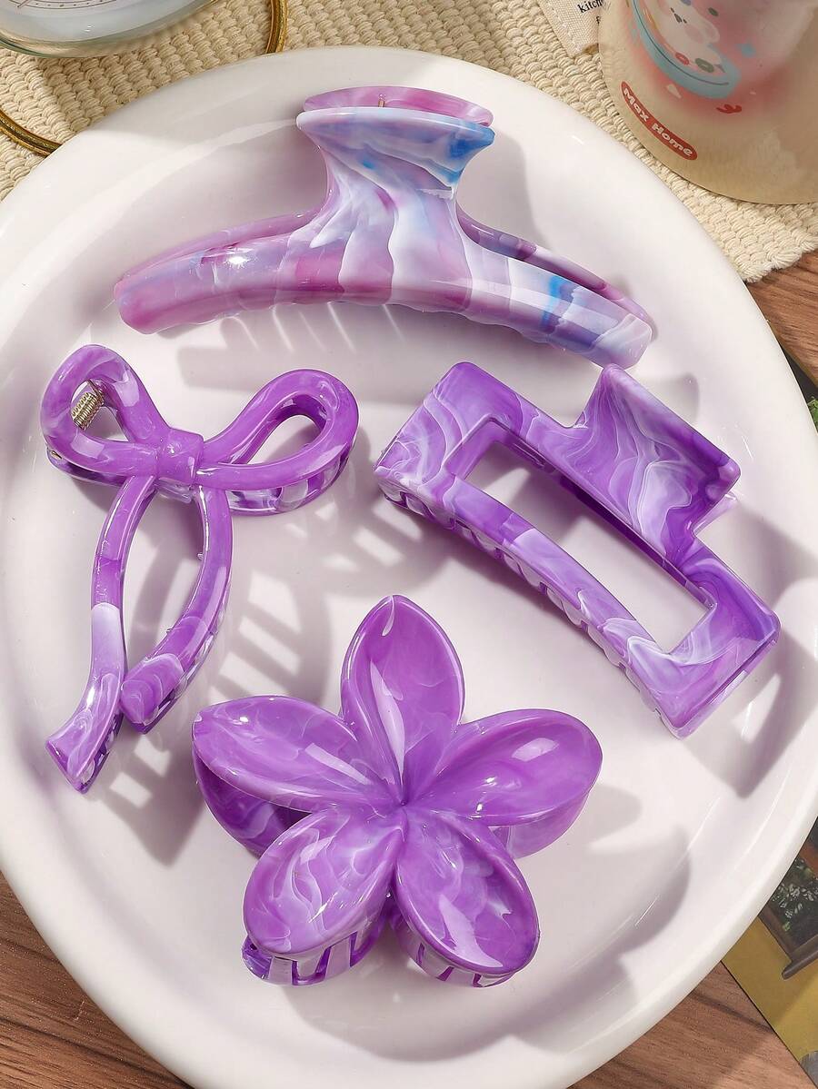 4个ABS材质波西米亚甜美紫色大理石纹理蝴蝶结雏菊方形超大号发爪夹，沙滩配饰发夹时尚发饰花朵发夹夏季度假必备发饰 - 4件套-紫色系 - 查看 1