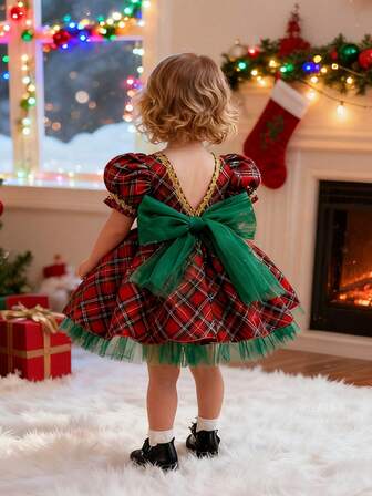 Vestido de fiesta de princesa con mangas abullonadas a cuadros rojos para niñas, adecuado para fiestas