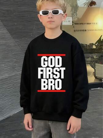 Tween Boy Street Style Cool Printed Round Neck Sweatshirt, Casual Fall/Winter Outfit