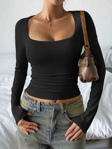 Vaiaye 女士性感修身长袖针织上衣，纯色方领T恤，适合情人节穿着 - 黑色 - 查看 10