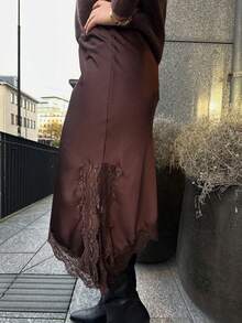 Women Skirt Elastic Waist Lace Patchwork Irregular Hem Side Slit Casual Going Out Skirts - màu nâu - Xem 2