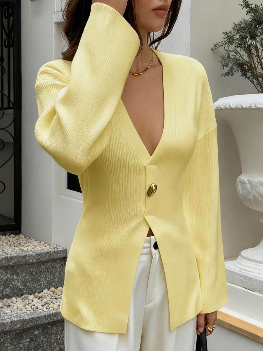 Atasan Wanita PoPoHouse Cocok Untuk Dipakai Sehari-hari, Berpergian ke Kantor dan Berpergian, Potongan V Dalam Setengah Terbuka, Warna Polos, Lengan Panjang, Desain Ramping, Hangat dan Nyaman - Kuning - View 1