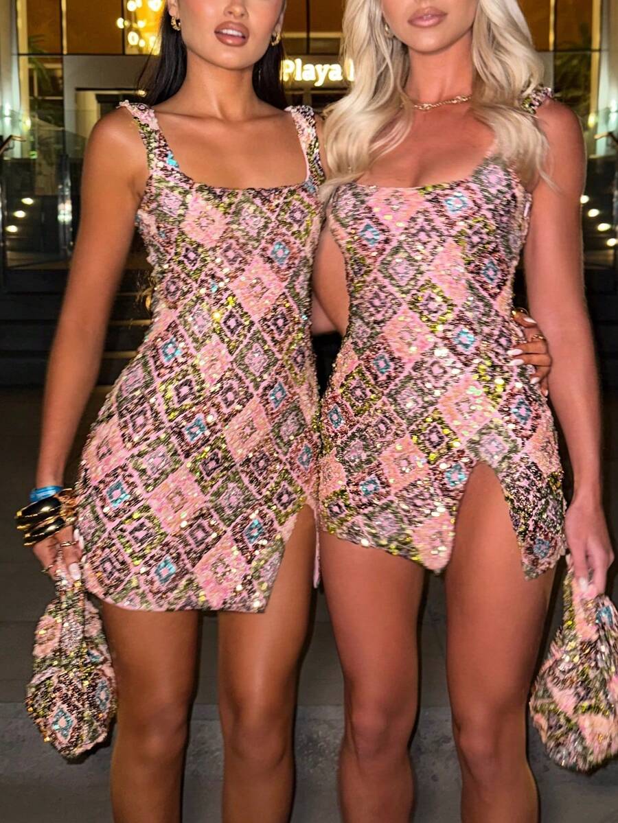Women Sparkly Sequin Mini Dress Y2k Contrast Shining Split Slim Fit Sleeveless Sundress Summer Stylish Sexy Bodycon Going Out Party Dress Streetwear - 淺粉色 - 查看 1