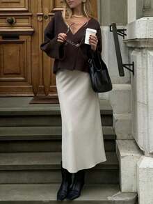 Áo khoác cardigan dệt kim cổ chữ V sâu, cài hai nút, kiểu dáng thời trang, dáng rộng, màu nâu, thích hợp cho nữ, mùa thu đông, kiểu dáng công sở. - màu nâu - Xem 6