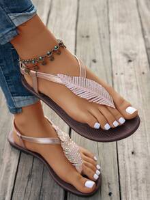 Dép xỏ ngón nữ đính đá hình lá, đế bằng, thời trang, thanh lịch, thoải mái, đa năng, thích hợp đi bộ, ở nhà. - Hoa hồng vàng - Xem 3