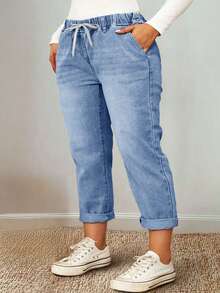 Fall Clothes Plus Size Mid-Rise Straight Leg Pants With Elastic Drawstring Waist & Distressed Rolled Hem Business Casual Woman Curve - Blue - View 5