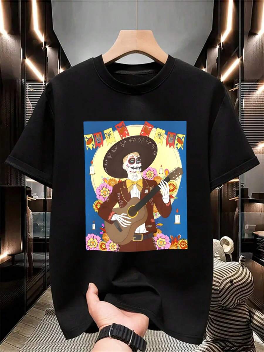 Camiseta Calavera Mariachi Tocando Guitarra Con Fiestas Patrias, 100% algodón playeras de hombre casual,regalo para hombre - Negro - Ver 1