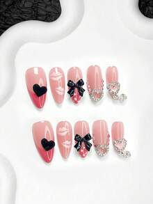 10件套Y2K粉黑情人节美甲套装，包含法式美甲贴纸、杏仁形美甲贴纸、方形美甲贴纸、鸭嘴美甲贴纸、闪亮水钻爱心假指甲、3D蝴蝶结、黑色毛绒爱心美甲装饰、手绘唇形美甲贴纸，附赠工具包，适合女性及女孩，可用于派对、情人节及日常佩戴。 - 彩色 - 查看 10