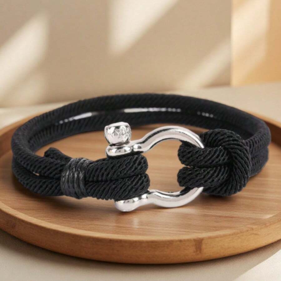 1pc Men's Horseshoe Bracelet, Double Layer Nylon Braided Wristband, Unisex Casual Wrist Accessory, Delicate Minimalist Fashion Design, Ideal Gift For Family, Friends, Partners On Holidays And Birthdays - Silver Horseshoe Buckle Nylon Bracelet - View 1