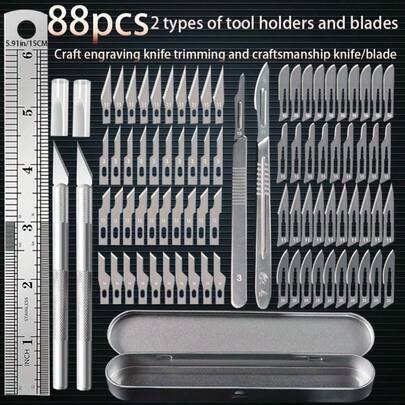 88件套雕刻刀套装，带收纳盒，包含80片替换刀片、4个刀柄、15厘米尺子，适用于艺术、工艺、纸艺、模型制作——1号、11号、16号、11号、12号雕刻刀片，10号、11号、15号、23号刀片