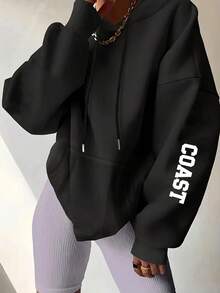 大码女式东海岸字母印花保暖连帽休闲卫衣，适合春、秋、冬季穿着，大码修身剪裁，卫衣，冬季服装，新款大码女装/女士卫衣/女士冬季服装>卫衣/女士派对装/女士上衣/卫衣/情人节/圣诞节服装/送给同事的礼物 - 黑色 - 查看 6