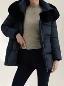 Women's Winter 2025 Coat – Hooded Fluffy, Warm Padding, Adjustable Waist, Casual Style - Black - View 2