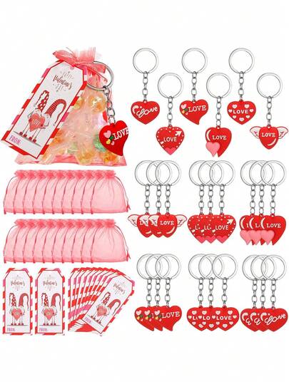 18Pcs Valentine's Day Gifts 6Set Valentine's Day Students Gifts 6 Heart Keychain, 6 Gift Label Tags, 6 Organza Bags Classroom Exchange Gifts Valentines Goodie Bag Fillers For Kids, Pink