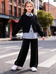 3pcs Girls Casual Striped Shirt & Grey Jacket Set, Autumn - Black - View 3