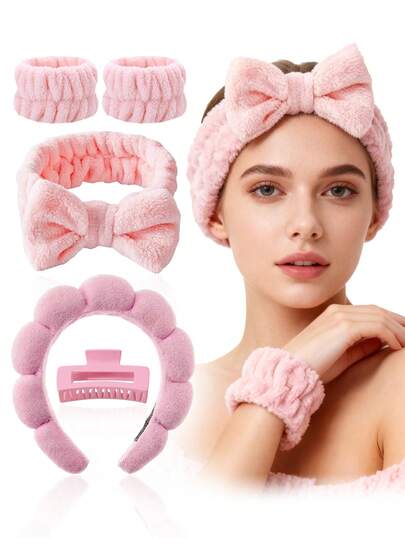 5pcs/Set Facial Cleansing & Hair Care Tool Kit, Includes Headband, Wristband, Hair Clips, Suitable For Students, Mothers, Sisters, Gift