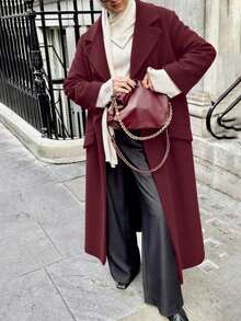 Women's Long Sleeve Solid Color Pocket Trench Coat, Double-Breasted Coat, Country Style For Women, Fall Winter For Women, Halloween Costumes, Christmas Women's , Saudi National Day, Going Out - Burgundy - View 4