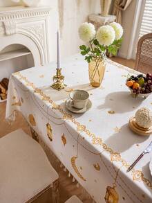 1件米色长方形桌布，带米色流苏，金色月亮、星星、灯笼图案，可机洗，适用于餐桌、茶几、橱柜、圆桌、家庭厨房、餐厅、客厅、用餐、聚会、派对，阿拉伯风格节日装饰，礼品 - 米色 - 查看 5