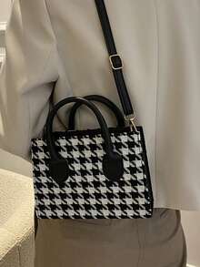 1 Piece Fashion Thousand Bird Check Handbag Square Bag Zipper Opening Shoulder Strap Adjustable Crossbody Bag Suitable For Women's Daily Casual Use - Black - View 9