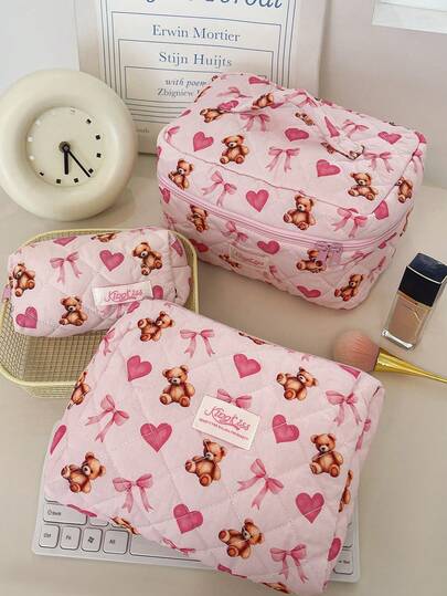 1 Piece Large Capacity Make Up Bag Cute Bow Print Cosmetics Storage Bag Foam Quilted Makeup Clutch Pouch Handheld Travel Toiletry Bag Multi-Functional Items Storage Bag Set Heart-Shaped Pattern Lipstick Pouch Pink Home Items Storage Bag