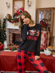 Christmas-Themed Pajama Set With Santa Claus, Snowman, And Gingerbread Man Patterns, Plaid Pants, Suitable For Women To Wear During Christmas - Multicolor - View 4