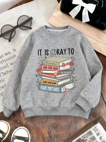 Teen Girl Letter-Patterned Book-Themed Casual Round-Neck Sports Shirt. New Style Suitable For Autumn And Winter. Suitable For Students To Wear When Shopping, Traveling Or Attending Parties,Fall