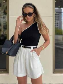 Tank Top Mule Manca One Shoulder One Shoulder No Manca Ribbed BLACK WHITE Basic Bicolor Feminine Foreign Fashion RIBBED RIBANA OLD MONEY TAILORING BASIC ELEGANT - 雙色黑 - 查看 1