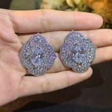 1 Pair Luxury Cubic Zirconia Flower Stud Earrings, Suitable For Women To Wear On Formal Occasions And Celebrations - Silver+Blue - View 5