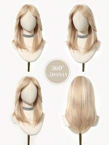 18英寸长直发浅金色假发，带刘海，层次分明，外观自然，耐热，适合女性日常佩戴、派对和时尚造型。