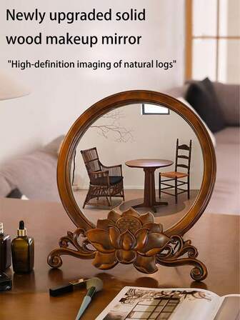 1 pezzo Specchio da trucco vintage, nuovo stile Ins, creativo specchio da tavolo in legno lucidato con piedistallo a forma di fiore di loto - Specchio da trucco rotondo fatto a mano adatto per camera da letto, bagno e toeletta, senza profumo, portatile con supporto, specchio da trucco da viaggio, prodotti di bellezza, specchio da tavolo minimalista compatto e pieghevole per una facile conservazione, regalo ideale per donne, madri e insegnanti