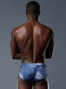 Men's Casual Distressed Plaid Patchwork Triangle Swim Trunks, Summer - Dusty Blue - View 3