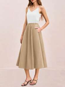 Womens Boho High Waist Midi Skirt Summer A Line Casual Flowy Pleated Swing Style With Pockets Soft - 卡其色 - 查看 5