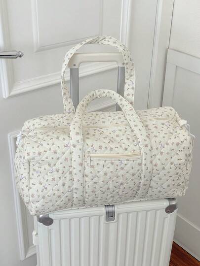 1pc Korean Ins Style Floral Bow Print Quilted Large-Capacity Travel Bag Is A Lightweight, Portable Boston Bag For Girls, Perfect For Weekend Trips, New Year's Gift, Back-To-School Gift, A Christmas Gift
