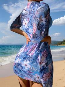 Traje De Baño De Un Solo Color Tipo Camiseta Con Pantalones Cortos Y Pareo Con Estampado Floral Para Mujer,Trajes De Baño Dama,Bañadores - Azul oscuro - Ver 2