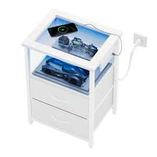 Tomnk 2 Drawers Night Stand With Charging Station & Glass Top, LED Nightstand With Enhanced Glow For USB Ports And Outlets, Bedside Table With 2 Fabric & PU Drawers, Modern End Table - 美規B型插(110-127V) - 查看 11