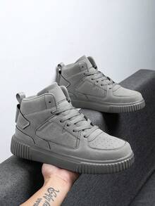2025 New Men's Gray Suede High-Top Sneakers, Lace-Up Thick-Sole Height-Increasing Casual Shoes, Versatile Daily Commute Board Shoes, Outdoor Preppy-Style Walking Shoes - 灰色 - 查看 3