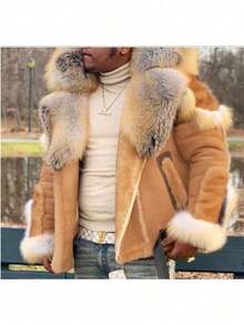 Mens Shearling Leather Coat Thicken Warm Long Sleeve Faux Fur Collar Sherpa Coats Big And Tall Parka Jackets - Màu Khaki - Xem 2