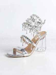 Women's Chunky Crystal Heel Sandals, Square Toe Fashion Open Toe Snake Wrap Rhinestone Strap, Simple Elegant Basic Style For Party, Summer/Autumn - Silver - View 13