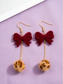 1 Pair Autumn/Winter Elegant Wine Red Bow Tassel Fluffy Leopard Print Ball Drop Earrings For Women - Bow-tie Leopard Print Pom-pom - View 2