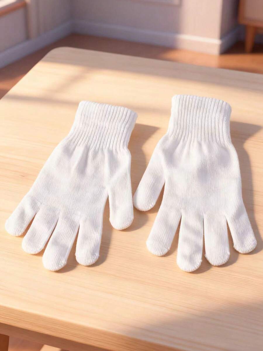 2只/套 成人纯色针织保暖腈纶混纺高弹力魔术手套，5指平底冬季手套 - 白色 - 查看 1