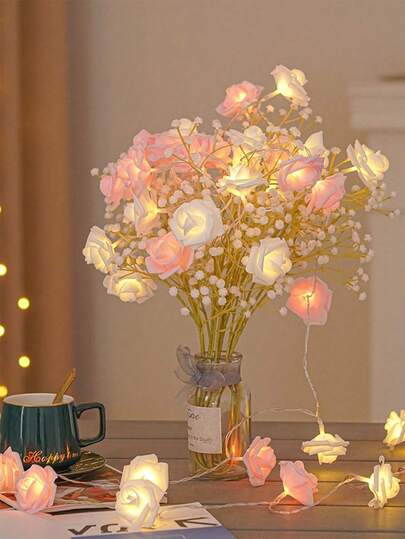 1pc 10/20/40 LED 1.5m/3m/6m Rose Flower String Lights, Fairy Lights Suitable For Valentine's Day, Wedding, Holiday Decoration, Party, House, Living Room, Bedroom, Birthday Party, Gift Decoration, Garden [No Battery Included]