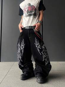 1件男士复古美式刺绣宽松舒适百搭牛仔裤（产品不含腰带和配饰） - 黑色 - 查看 1