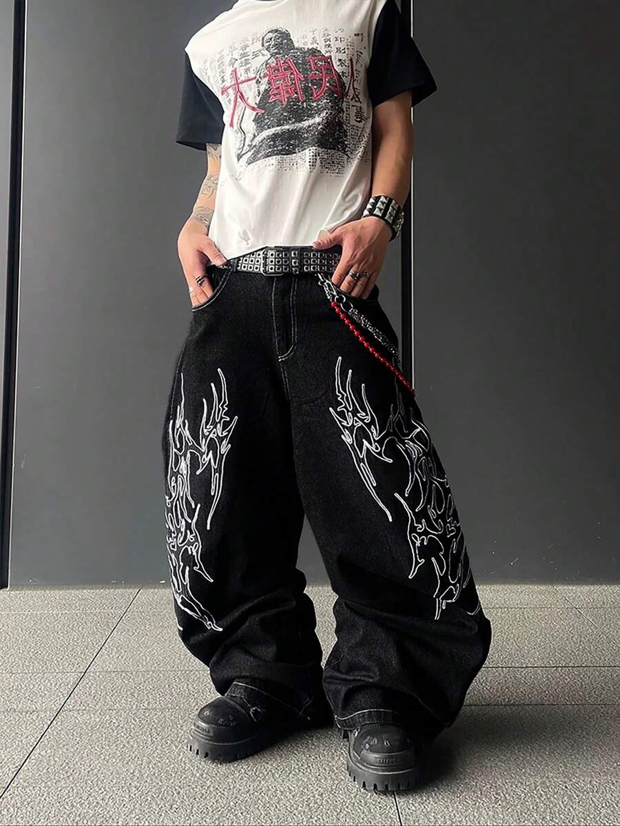 1件男士复古美式刺绣宽松舒适百搭牛仔裤（产品不含腰带和配饰） - 黑色 - 查看 1