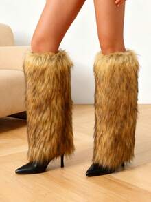 Furry Fluffy Knee High Boots For Women Faux Fur Winter Snow Boots Pointed Toe Stiletto High Heels Sexy Warm Shoes Christmas Party - Light Brown - 查看 3
