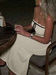 女士优雅蝴蝶结条纹露肩长款无袖紧身中长毛衣裙，配色针织连衣裙，系带下摆，性感派对罗纹吊带长裙，撞色海滩白裙，春夏秋季