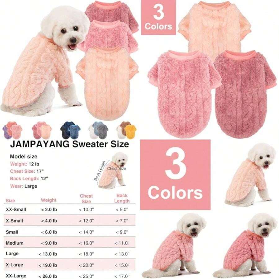 Suéter para perro, paquete de 3 suéteres para perros pequeños o gatos, niña o niño, ropa cálida para perro, chamarra para invierno Navidad (rojo navideño, blanco, XXL)(Large Durazno, rosa oscuro, morado claro) - Multicolor - Ver 1