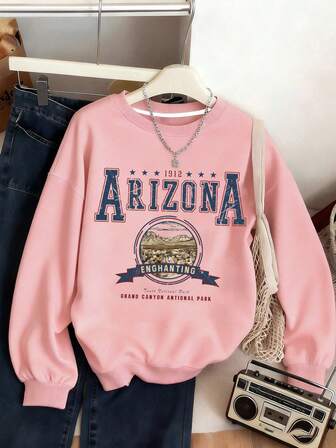 Sudadera de cuello redondo de manga larga con gráfico de paisaje y letra para adolescentes