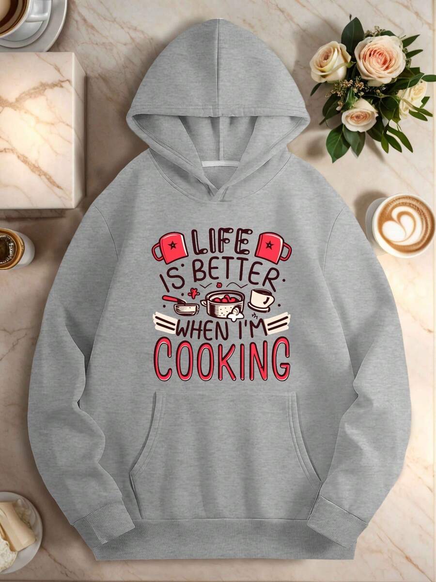 250g Heavyweight Hooded Sweatshirt For Women Plus Size - Funny Cooking Pattern Pullover With Chef Hat And Cutlery Print, Black With Red Letters, Coffee Cup And Kitchen Utensils Design, Machine Washable Winter Warmth, Suitable For Baking And Cooking Enthusiasts Casual Autumn Winter Sweater, Geometric Pattern Non-Stretch Fabric With Front Pocket, Loose Fit For Casual Outfits, Unisex Loose Oversized Sweatshirt, Girl Boyfriend Style Outfit, Casual Versatile Long Sleeve Jacket - 灰色 - 查看 1