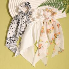 3件套白色佩斯利碎花三角围巾发带发饰，休闲波西米亚复古宫廷风派对可爱风，涤纶材质，四季皆宜，发圈，发绳 - 白色 - 查看 4