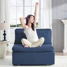 Puremind Modern Full Size Single Sofa Bed, 2 In 1 Convertible Linen 1-Seater Sleeper Sofa Couch With Cushions,Pull Out Sofa Bed For Apartment - 藏蓝色 - 查看 11