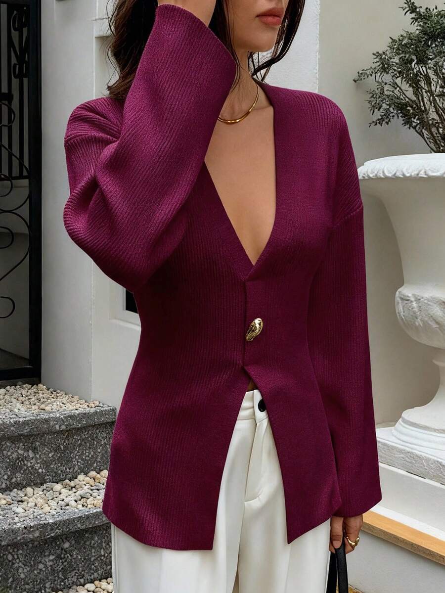PoPoHouse Women's Top Suitable For Wear Daily Commuting To Work And Office Deep V-Half Open Solid Color Long Sleeved Slim Design Warm And Comfortable - Red Violet - View 1